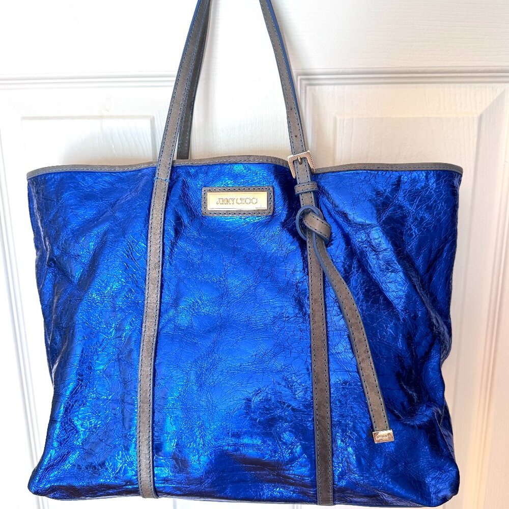 JIMMY CHOO Rare Metallic Cobalt Blue Large Tote Bag Made In Italy Light Weight
